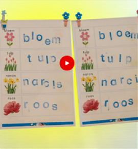 Waslijn waaraan vellen papier hangen met plaatjes en gestempelde woorden
