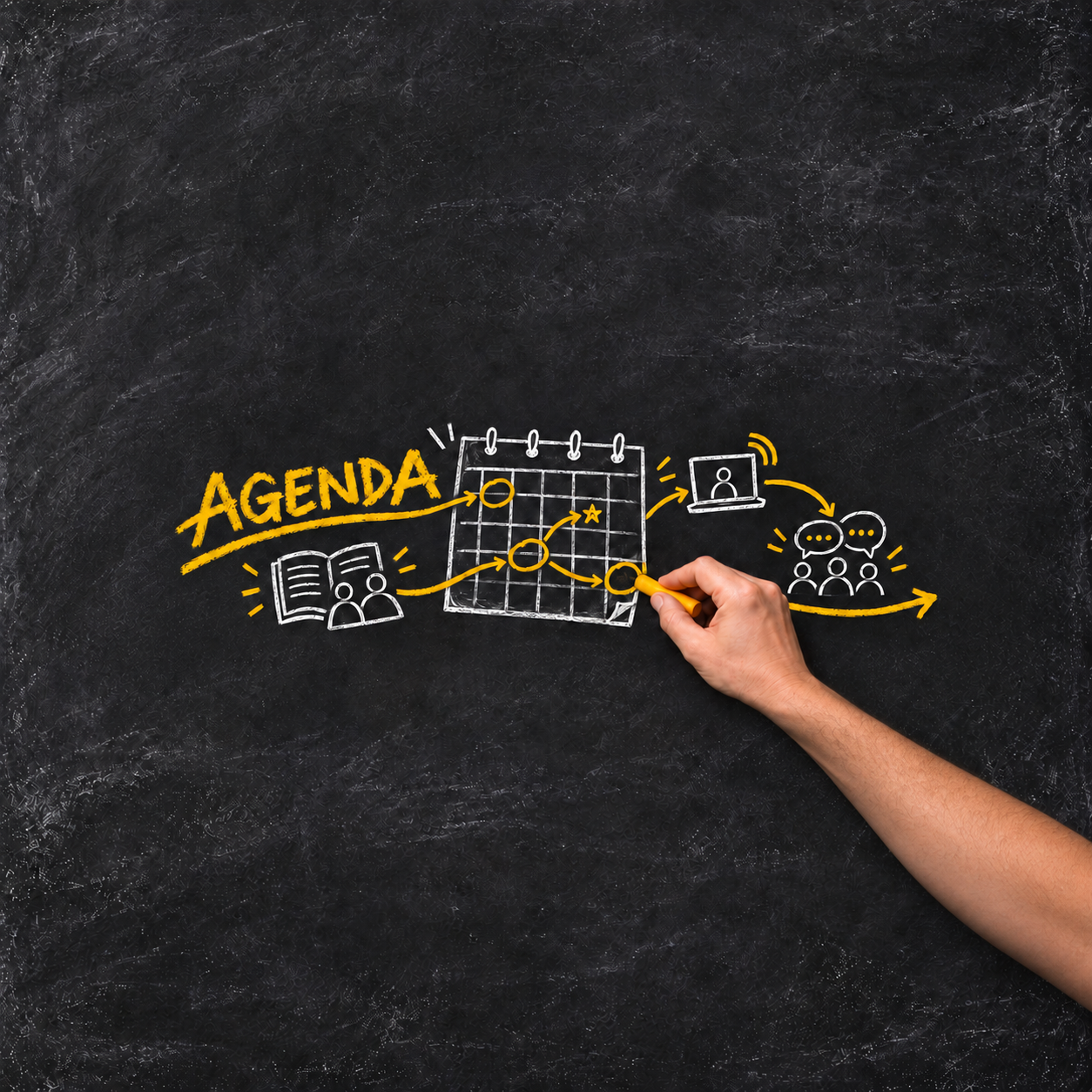 Schoolbord met hand die de tekst 'Agenda' op een tekening heeft geschreven